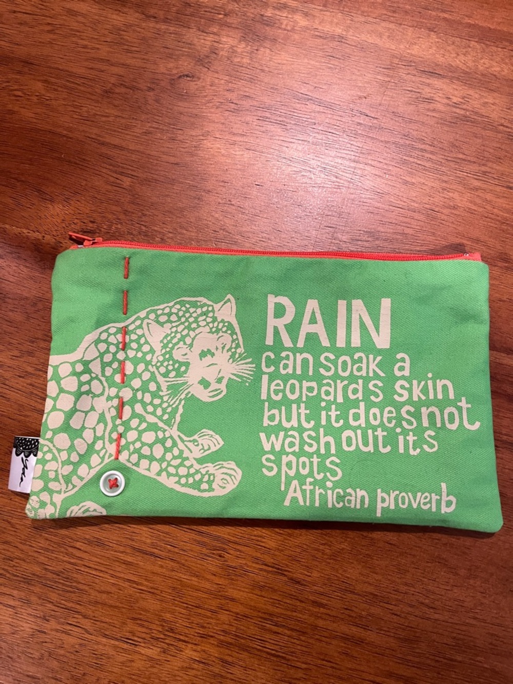 Green Leopard Print Canvas Zip Pouch with Quote